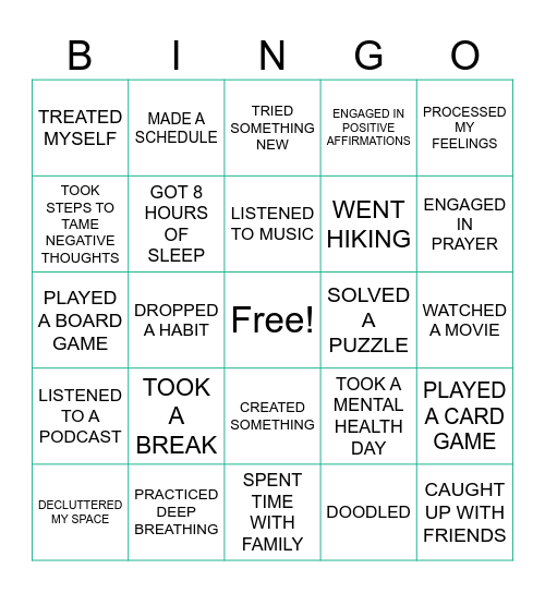 Self Care Bingo Card