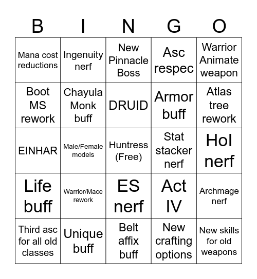 PoE2 0.2 Bingo Card