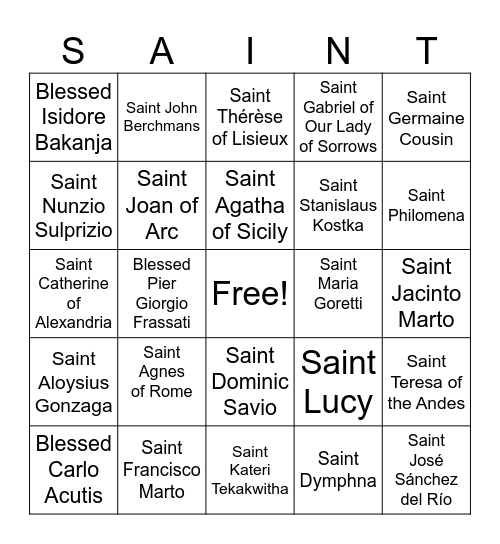 Young Saints Bingo Card