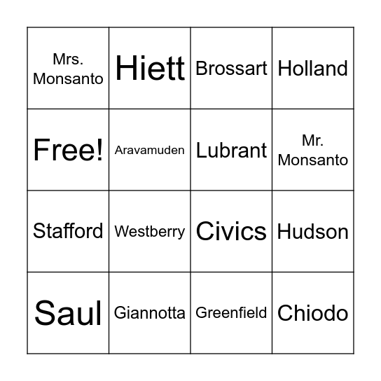 POA Middle School Bingo Card