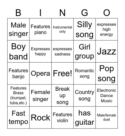 Music BINGO Card