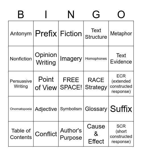 Reading Bingo Card