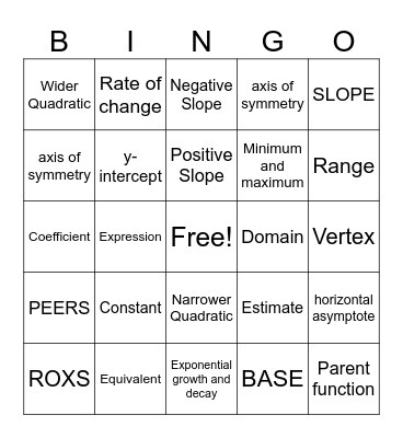 Algebra Vocabulary Bingo Card