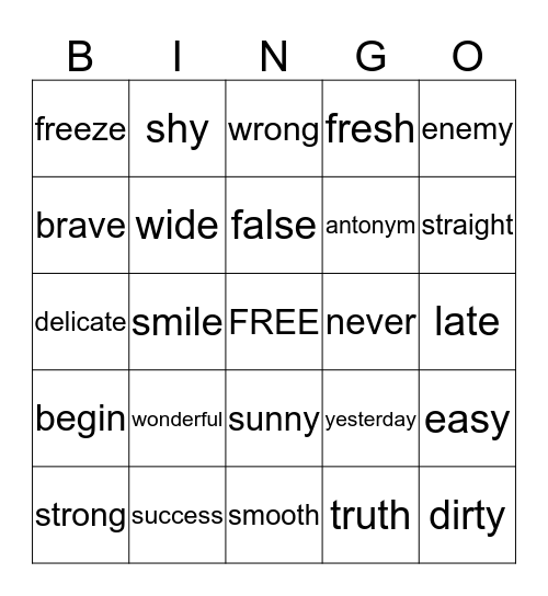 Antonym Bingo Card