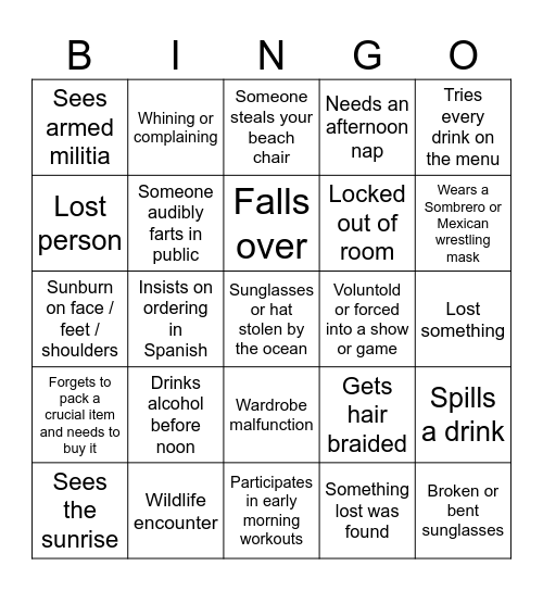 Mexico Family Trip Bingo Card