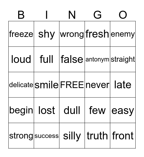 Antonym Bingo Card