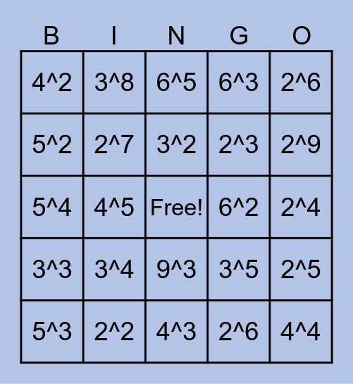 Exponents Bingo Card Exponents bingo card