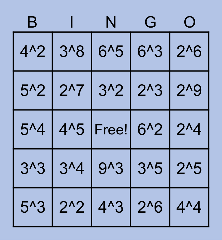 Exponents Bingo Card