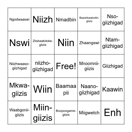 Ojibwe Bingo Card