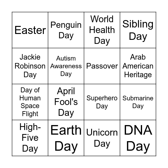 April Holiday Activities!!!! Bingo Card
