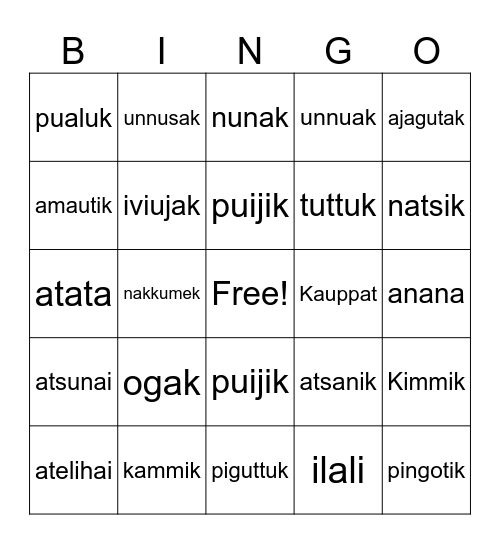 Inuttitut Bingo Card