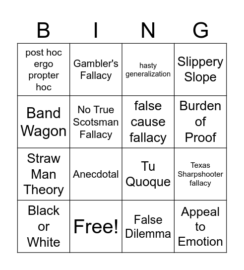 Logical Fallacy BINGO Card