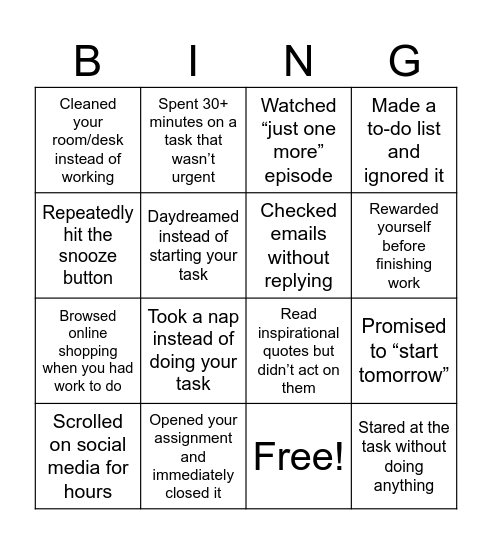 Last Minute Legends Bingo Card