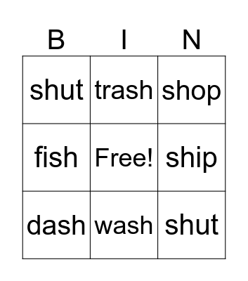 SH Words Bingo Card