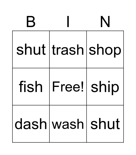 SH Words Bingo Card