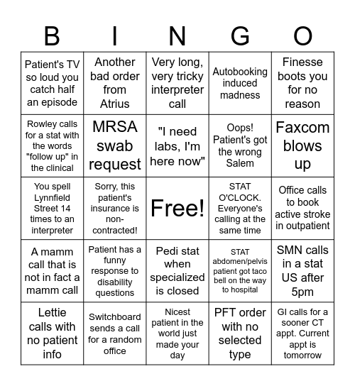 Central Scheduling BINGO Card