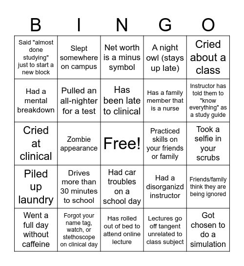 Nursing Student Bingo Card