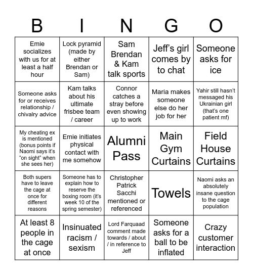 Tuesday 5pm - 8pm Cage Bingo Card