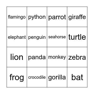 Wild Animals Bingo Card