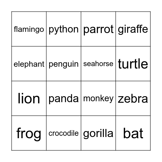 Wild Animals Bingo Card