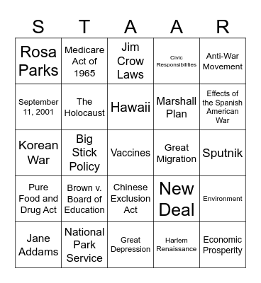 US History STAAR Review Bingo Card