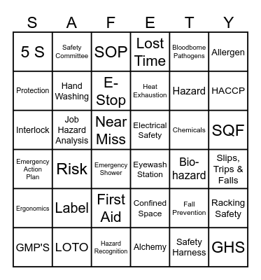 Safety Bingo Card