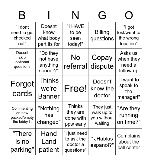 Patient Bingo Card
