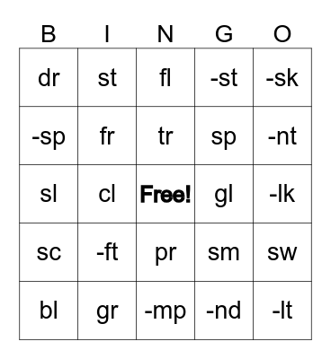BINGO: Blends and Digraphs Bingo Card