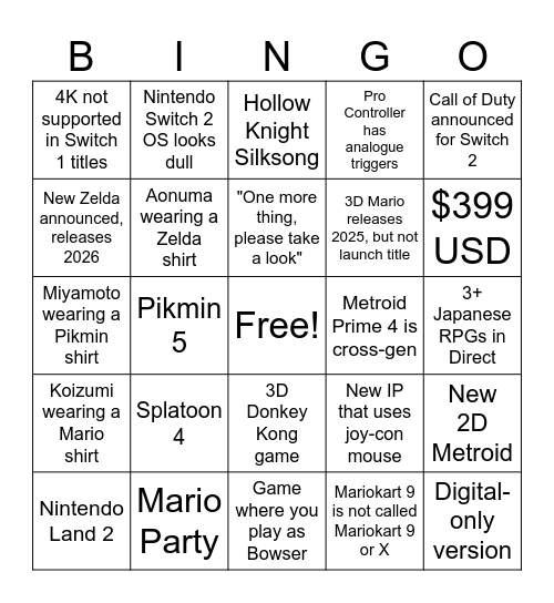 Nintendo Switch 2 Direct Bingo Card