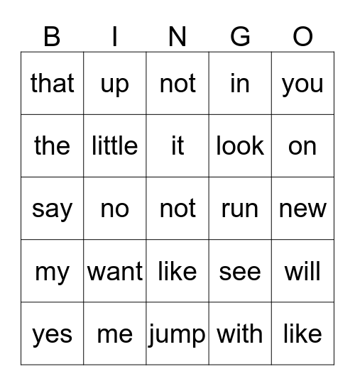 Site Word Bingo Card