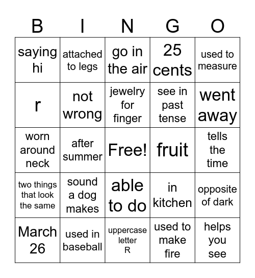 Homonym Bingo Card