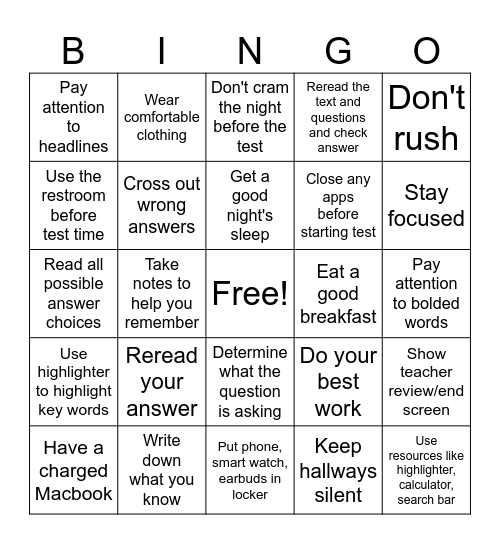 Test Taking Bingo Card