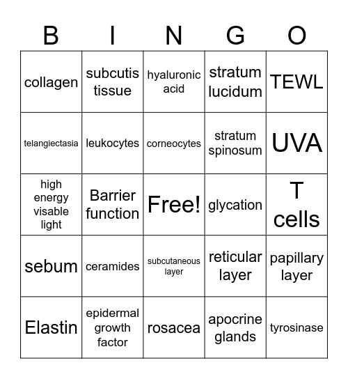 Histology & Physiology of the Skin Bingo Card