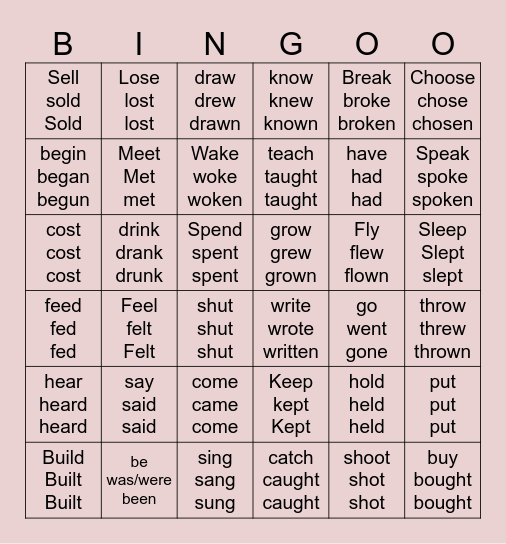 Irregular verbs 5° Bingo Card