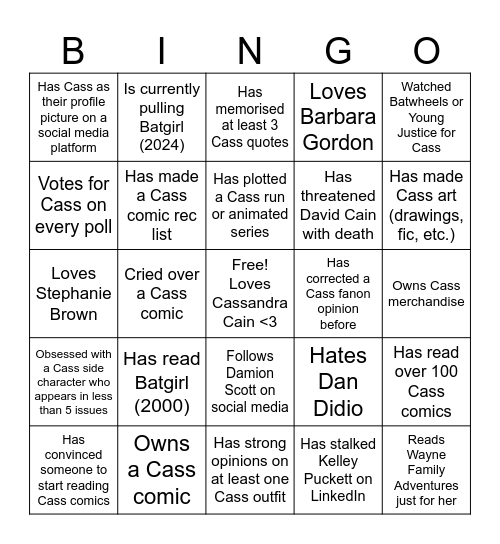 Cassandra Cain Fan Bingo Card