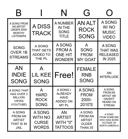 SONG SUGGESTION BINGO Card