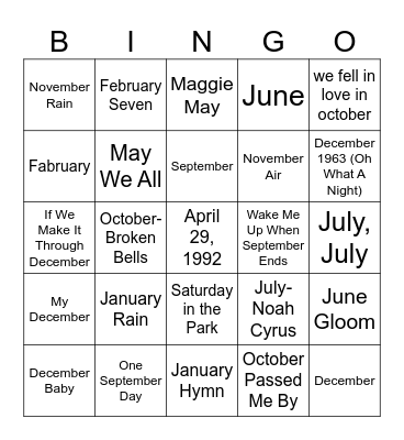Months Bingo Card