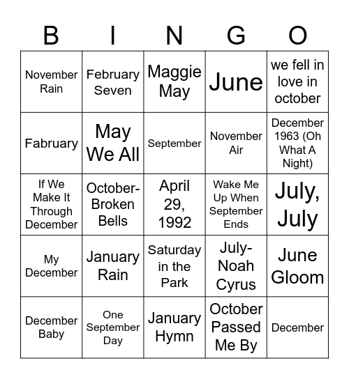 Months Bingo Card