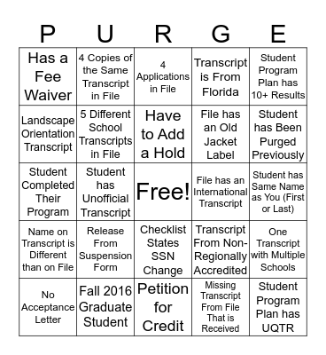 Active Purge Bingo Card