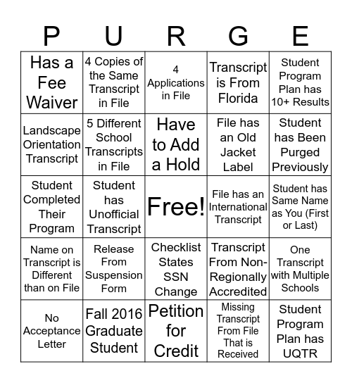 Active Purge Bingo Card