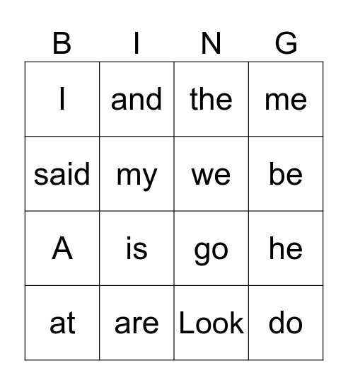 High Frequency Words Bingo Card