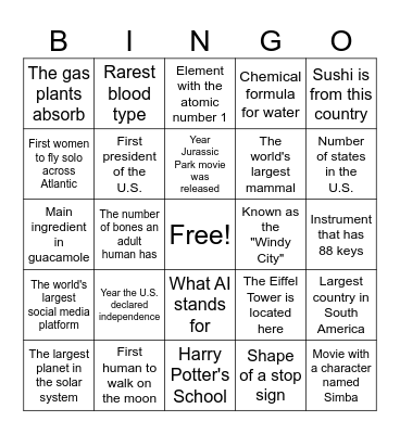 Trivia #1 Bingo Card