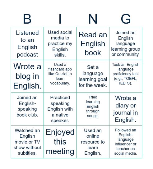Think about your experience tried learning English through songs. Bingo Card