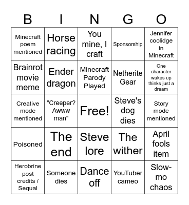 Minecraft movie Bingo Card