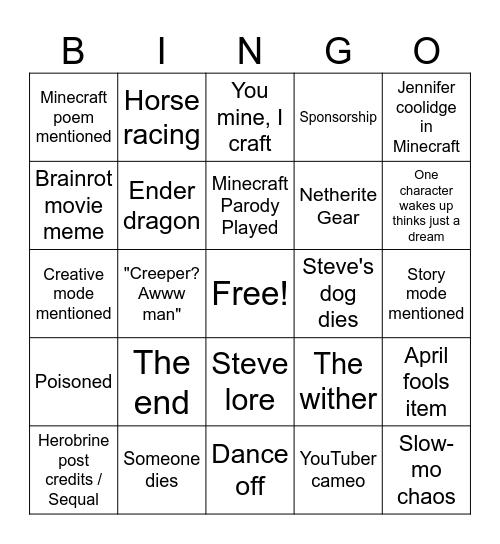 Minecraft movie Bingo Card
