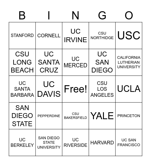 College Bingo Card