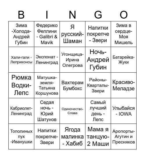 Музыкальное Лото Bingo Card