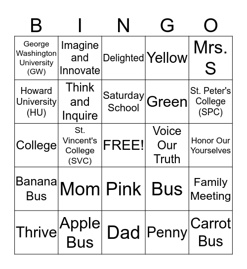 Jada's Bingo Card