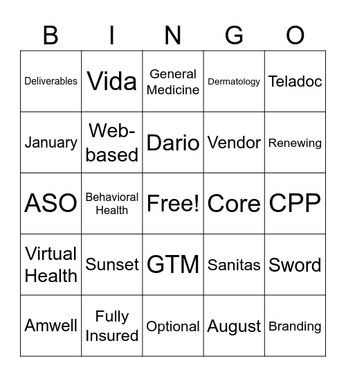 Virtual Health Updates Bingo Card