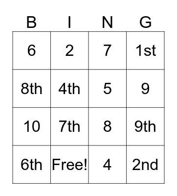 CARDINAL & ORDINAL NUMBERS Bingo Card